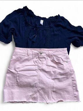 Justice girls Navy Peasant Top with Light Pink Denim Mini Skirt set